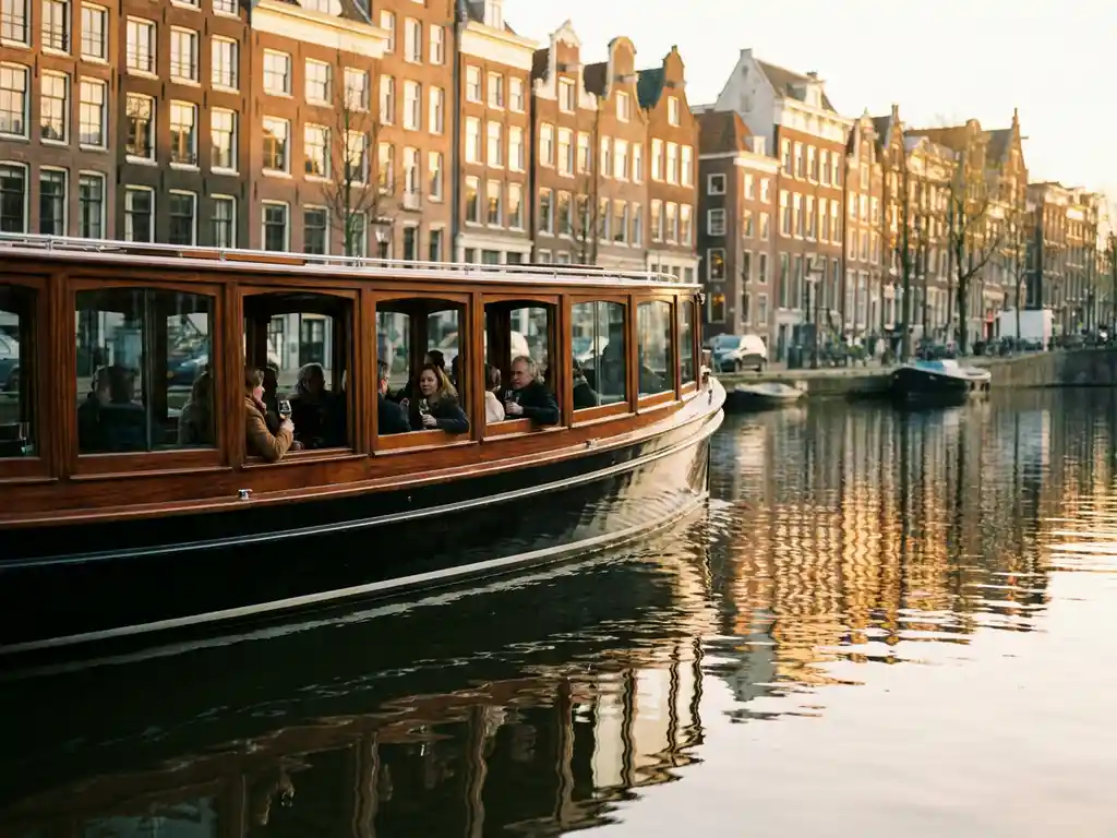 1910 Dutch salon tjalk with polished iroko hull gliding through Amsterdam's golden-hour canals, historic gabled facades reflected in still water.