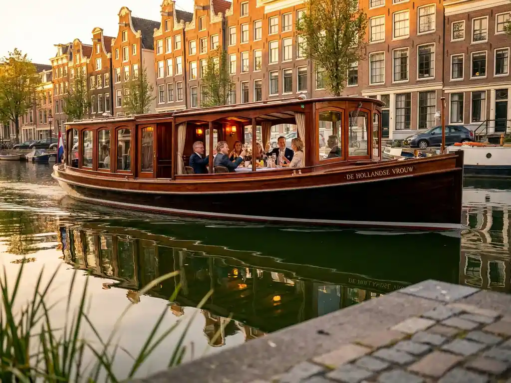 1910 Dutch salon tjalk with polished iroko hull cruising Amsterdam canals at golden hour, guests dining inside glazed salon windows, historic gabled facades reflected in water.
