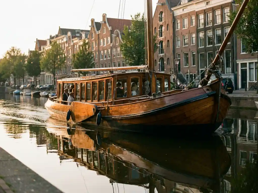 1910 Dutch salon tjalk with polished iroko hull cruising Amsterdam's canals at golden hour, historic gabled facades reflected in still water.
