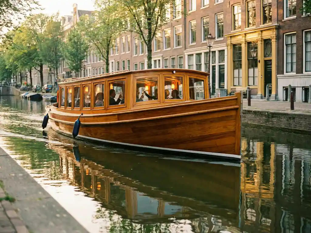 Dutch salon tjalk with polished iroko hull gliding through Amsterdam canal at golden hour, historic gabled houses reflected in still water.