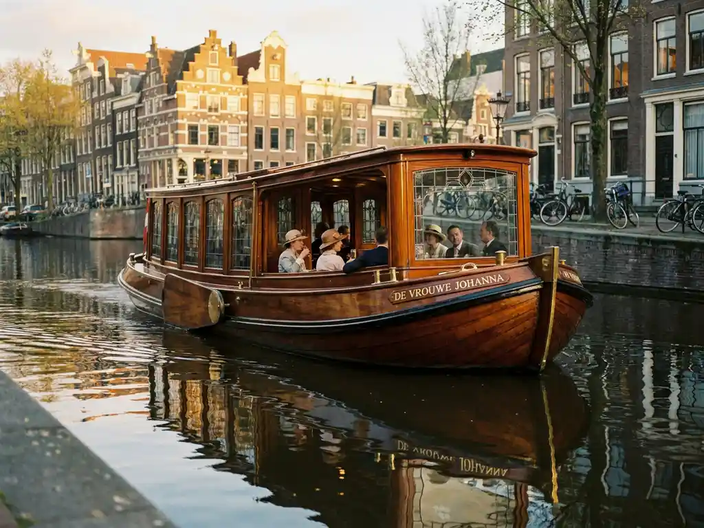 Dutch salon tjalk from 1910 gliding through Amsterdam canals at golden hour, polished iroko hull reflecting in glassy water beside historic gabled facades.