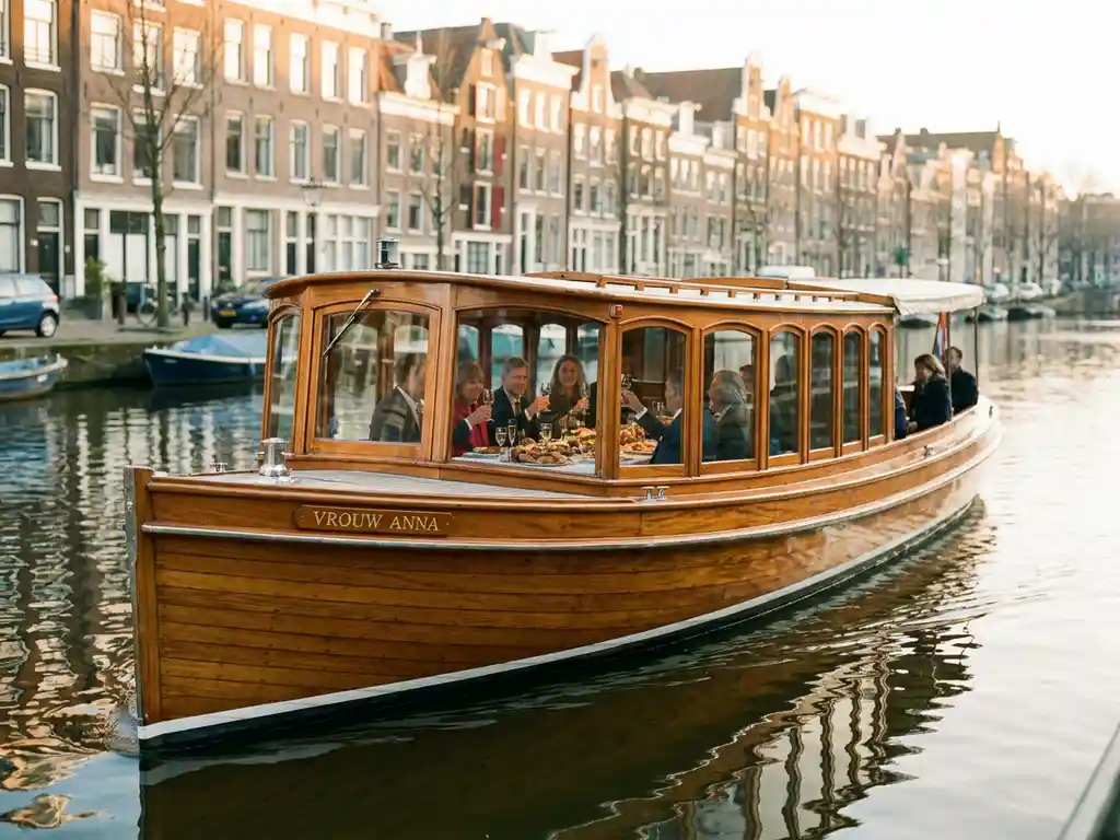 1910 Dutch salon tjalk gliding through Amsterdam canals at golden hour, polished iroko wood deck, guests dining behind glazed windows, historic gabled houses reflected in calm water.