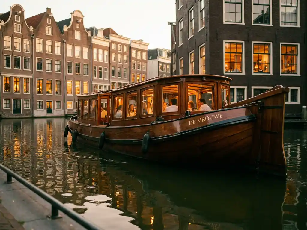 1910 Dutch salon tjalk with polished iroko hull cruising Amsterdam canals at golden hour, guests dining inside glazed windows, gabled facades reflected in water.