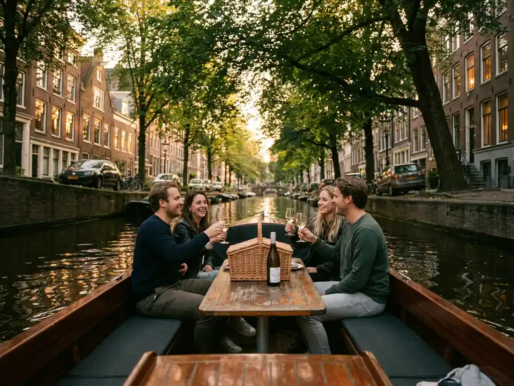 Friends enjoying wine and a picnic on an electric sloop cruising an Amsterdam canal at golden hour, framed by gabled houses and overhanging trees.