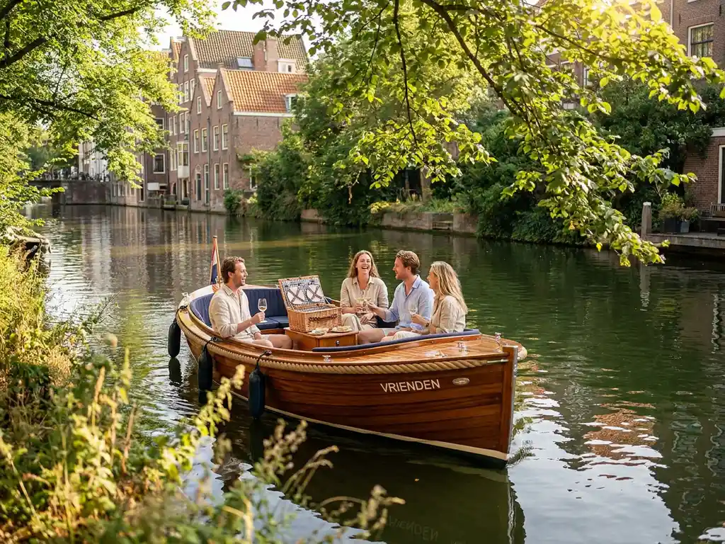 Electric sloop carrying friends with wine and a picnic basket through a sun-dappled Amsterdam canal, Dutch gabled facades reflected in calm green water.