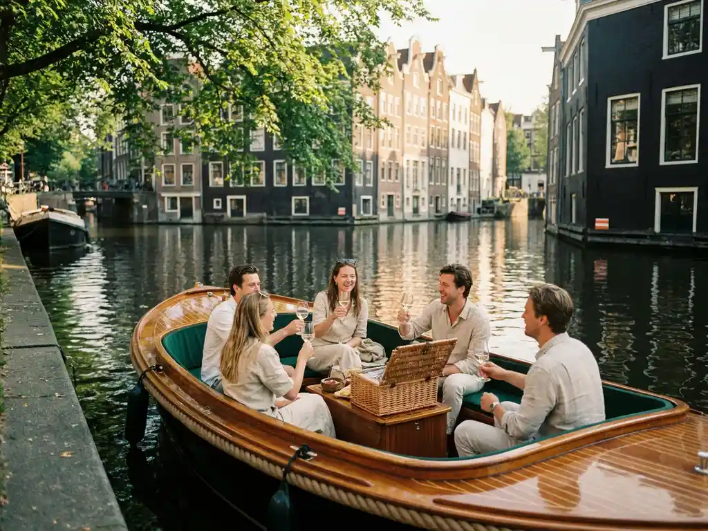 Electric sloop gliding through Amsterdam canal with friends enjoying wine and a picnic, gabled Dutch houses reflected in sunlit water.
