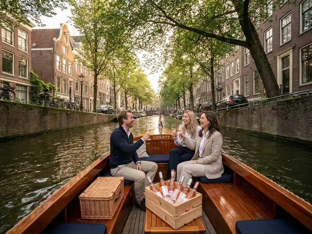 Friends raising wine glasses on an electric sloop in an Amsterdam canal, rosé chilling nearby, historic brick canal houses and lush trees reflected in calm green water.