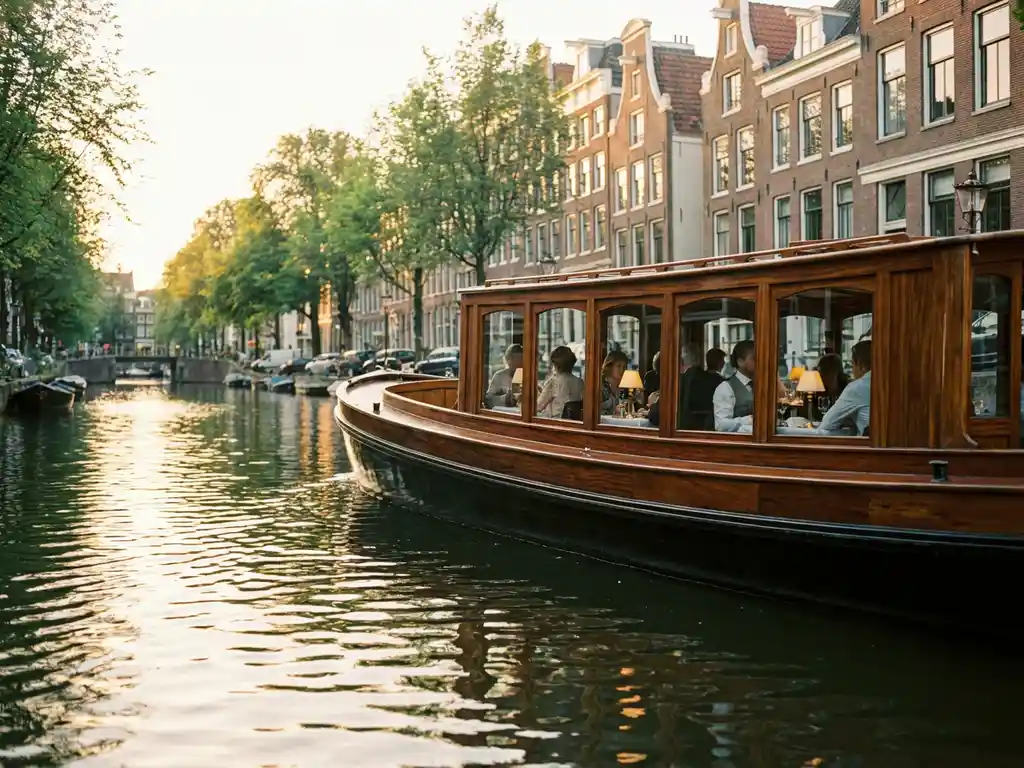 1910 Dutch salon tjalk with polished iroko wood hull cruising Amsterdam's canals at golden hour, guests dining inside glazed windows, historic gabled facades reflected in calm water.