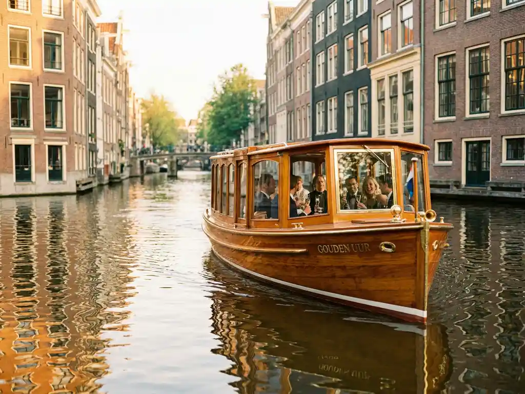 Luxury salon boat with polished iroko wood cruising Amsterdam's canals at golden hour, guests laughing inside, historic gabled facades reflected in amber water.