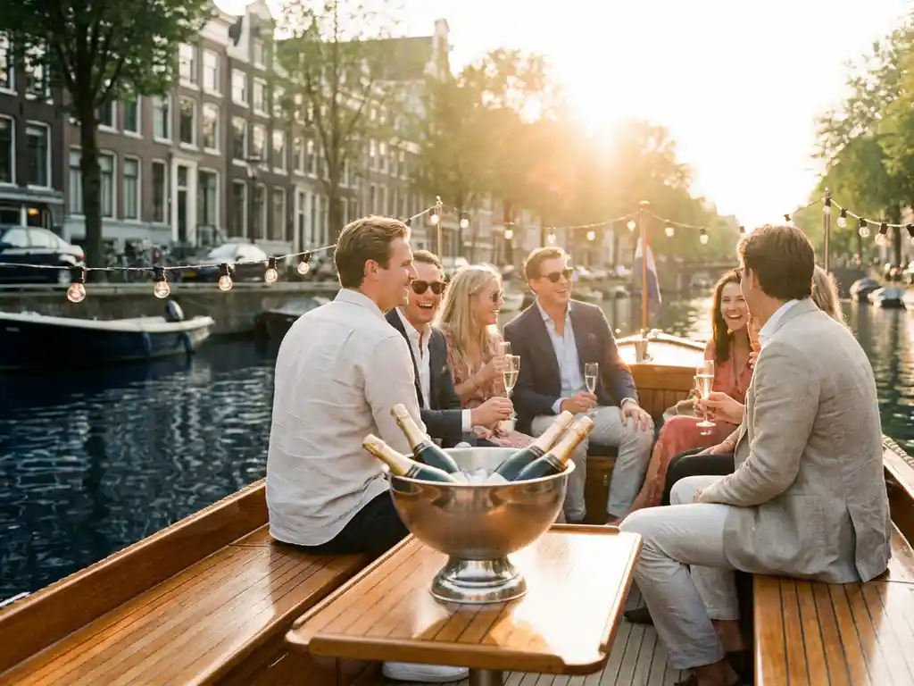 Guests celebrating on a festive Amsterdam canal boat with champagne on ice, historic Dutch gabled facades reflecting in golden-hour water.
