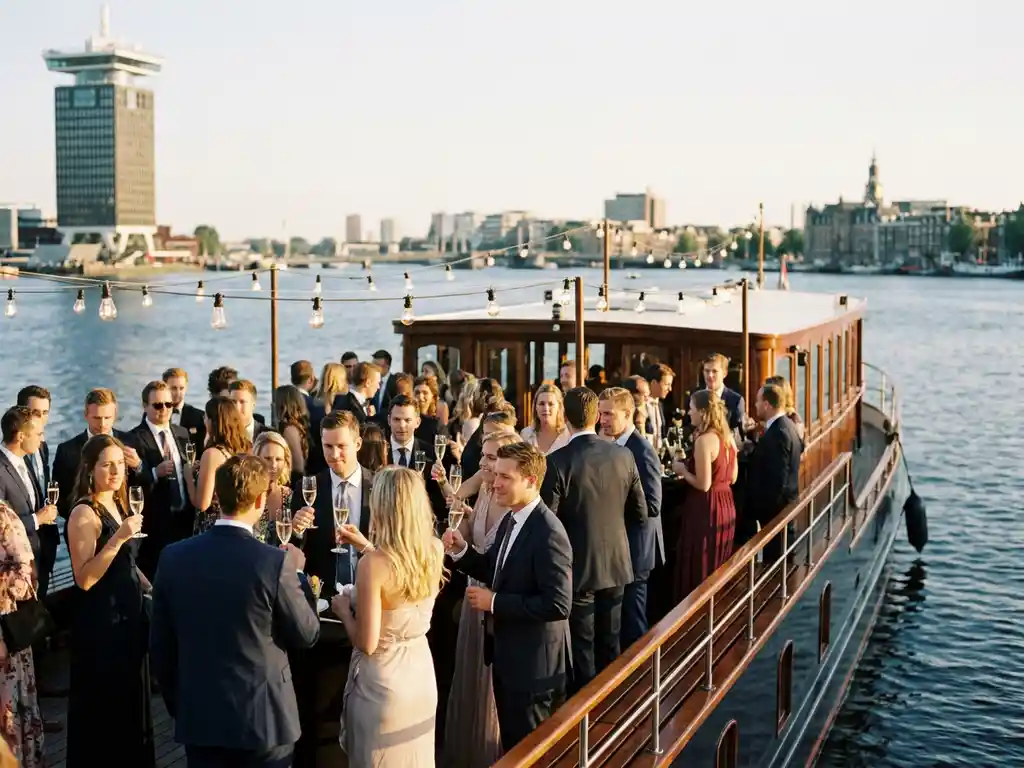 Luxury event boat on Amsterdam's IJ waterway at golden hour, guests with champagne on open deck, A'DAM Tower in skyline background.