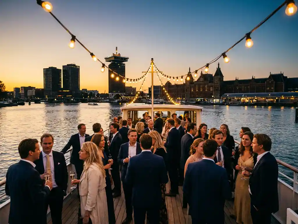 Luxury event boat on Amsterdam's IJ waterway at golden hour, guests mingling on deck with A'DAM Tower and Central Station silhouetted against amber sky.