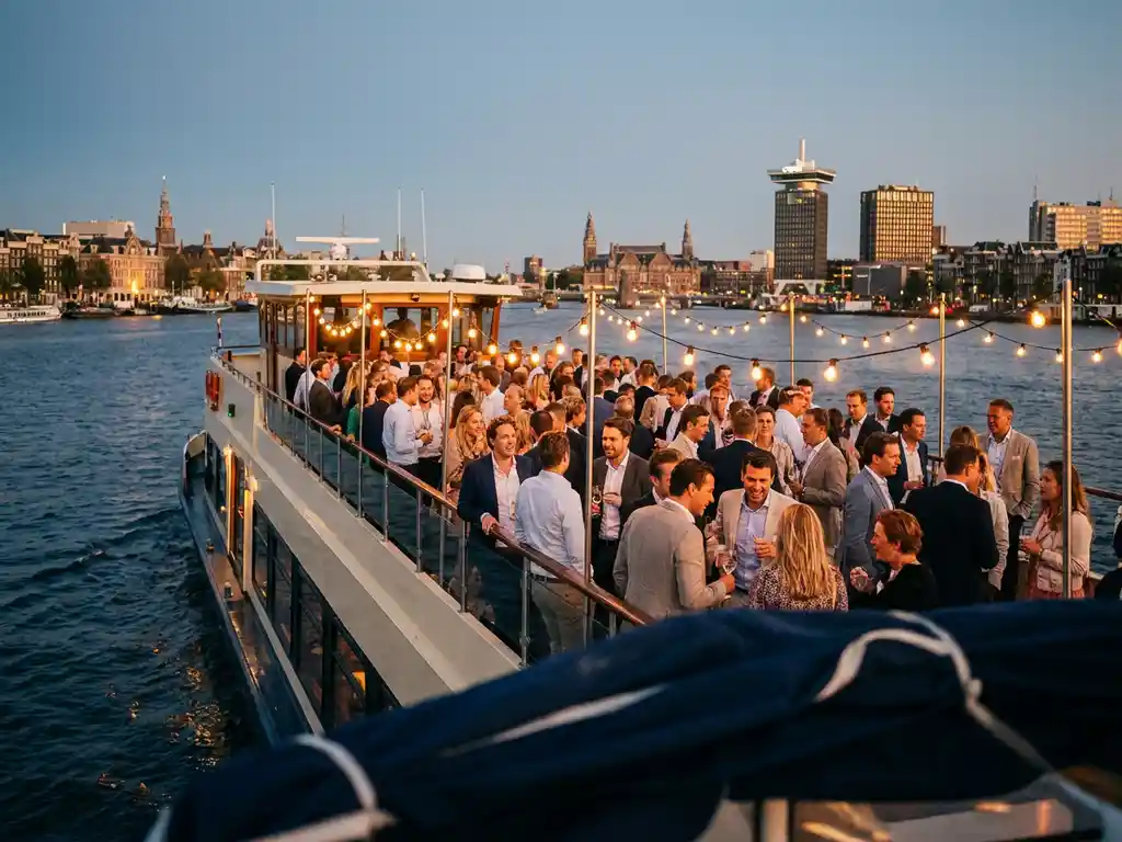 Luxury event vessel on Amsterdam's IJ waterway at golden hour, colleagues socializing on open deck with string lights, A'DAM Tower in background.