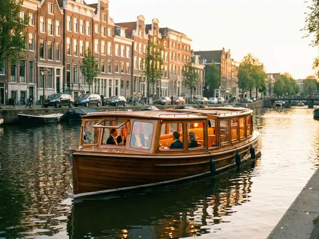 Luxury Dutch salon boat with polished iroko wood hull gliding through Amsterdam's golden canal at sunset, historic gabled facades reflected in calm water.
