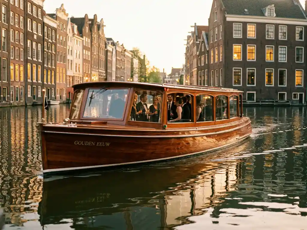 Luxury salon boat with polished iroko wood hull cruising Amsterdam's golden-hour canals, elegantly dressed guests visible through glazed windows, historic Dutch gabled facades reflected in glassy water.