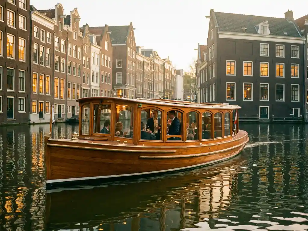 Luxury Dutch salon boat with polished iroko wood hull cruising Amsterdam's golden canal at sunset, historic gabled facades reflected in calm water.