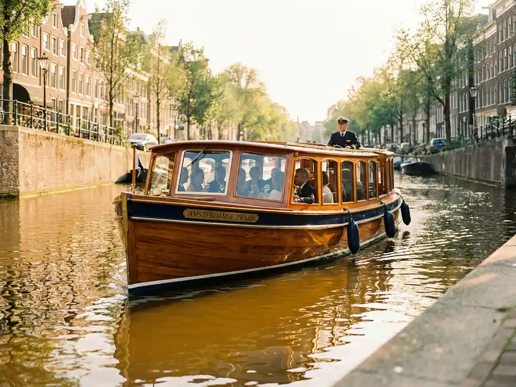 Luxury Dutch salon boat with polished iroko wood hull cruising Amsterdam's golden canal past historic gabled facades at golden hour.