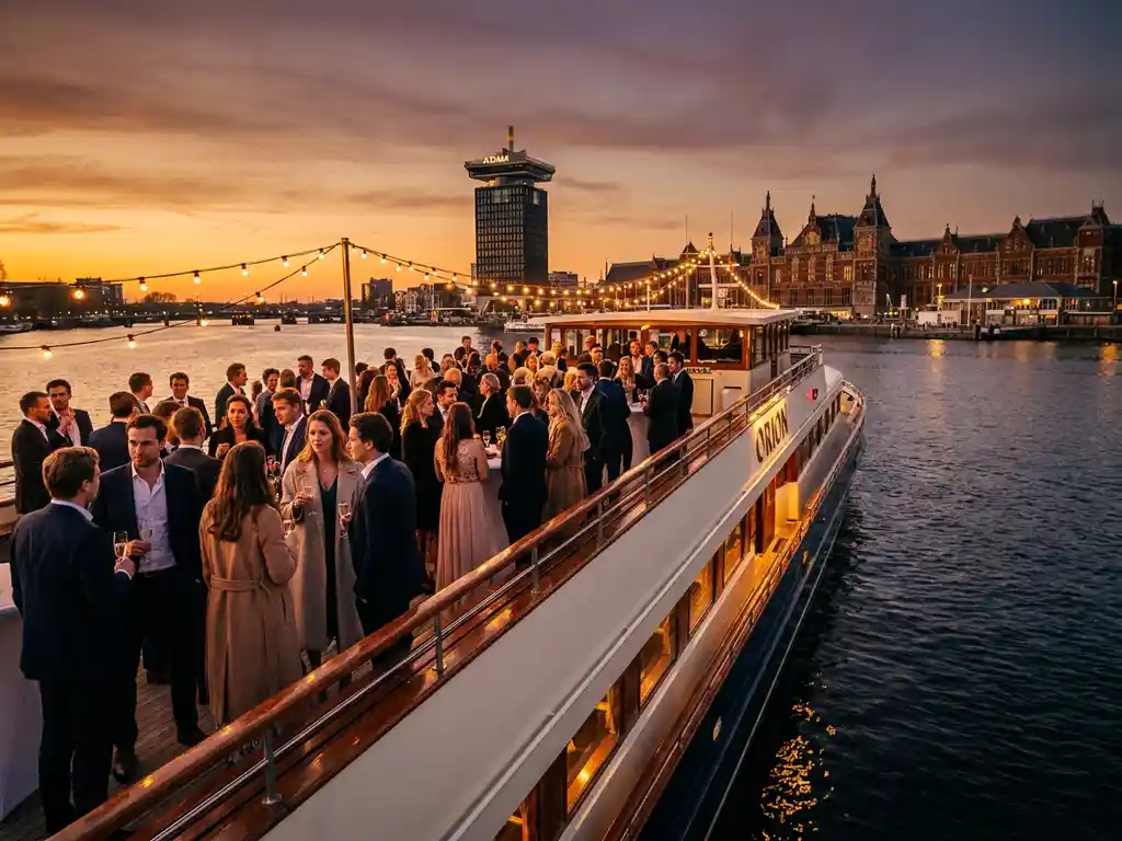 Luxury event vessel cruising Amsterdam's IJ waterway at golden hour, elegantly dressed guests on open deck with string lights, A'DAM Tower on horizon.
