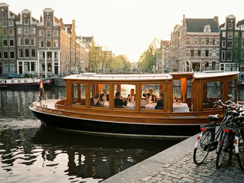 1910 Dutch salon tjalk with polished iroko hull gliding Amsterdam's golden-hour canals, guests dining inside as gabled facades reflect in the water.