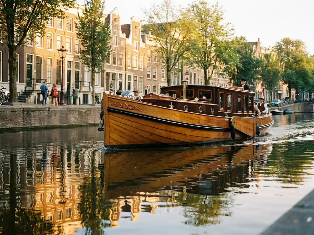 1910 Dutch salon tjalk with polished iroko wood hull sailing Amsterdam's canals, golden gabled houses reflected in glassy water.