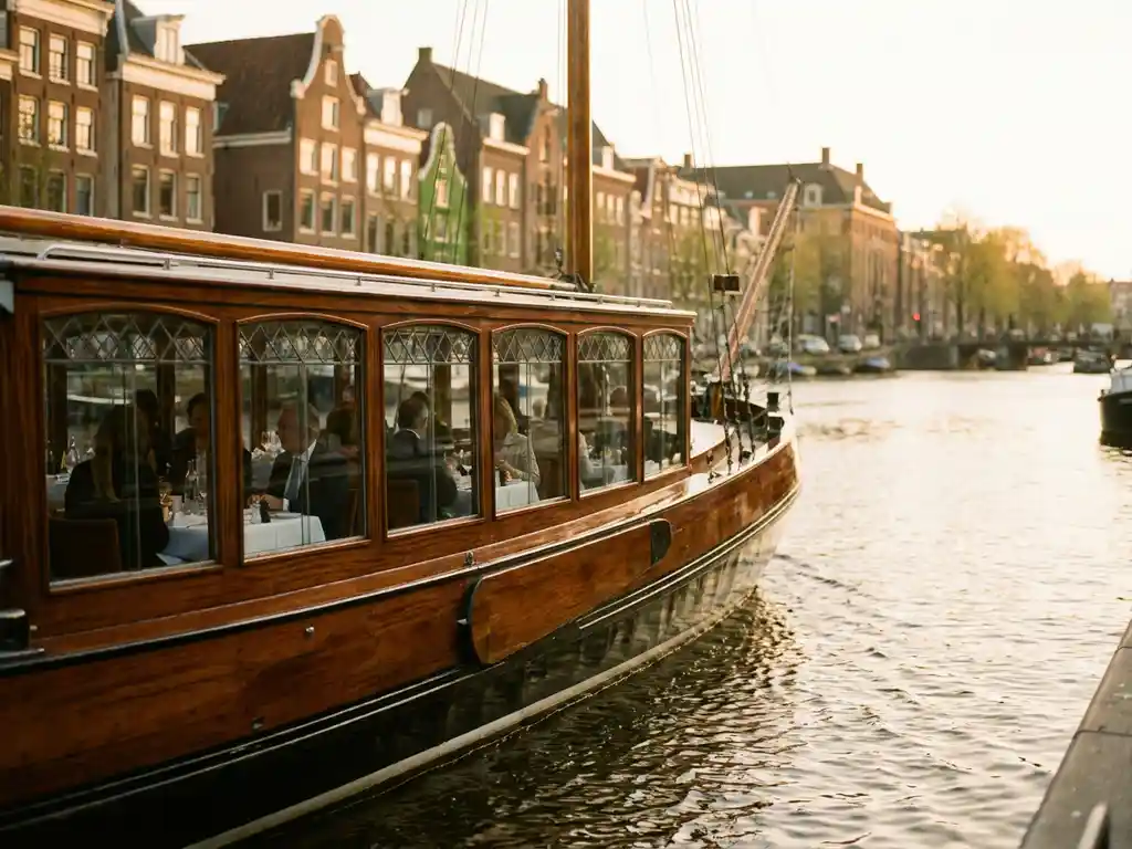 Dutch salon tjalk with polished iroko hull cruising Amsterdam canals at golden hour, guests dining inside glazed windows, historic gabled facades reflected in calm water.