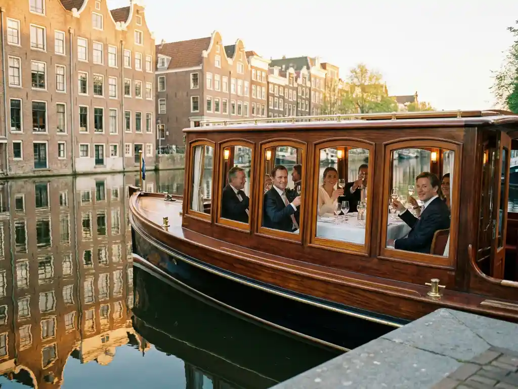 1910 Dutch salon tjalk with polished iroko wood hull cruising Amsterdam canals at golden hour, guests dining inside glazed salon windows.