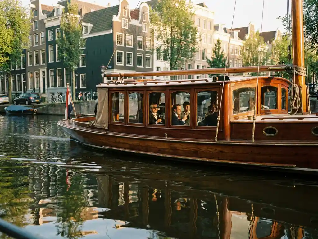 1910 Dutch salon tjalk with polished iroko wood hull cruising Amsterdam canals past historic gabled facades in warm afternoon light.