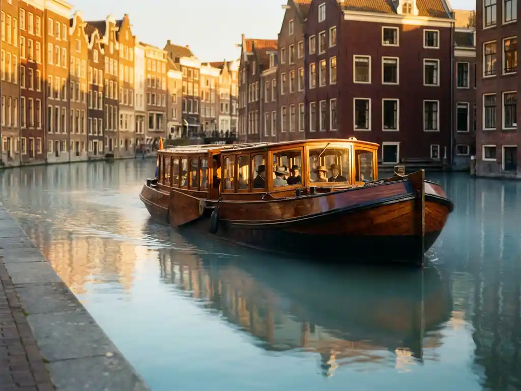 1910 Dutch salon tjalk gliding through Amsterdam's historic canals at golden hour, polished iroko hull reflecting in glassy water, gabled facades lining the banks.