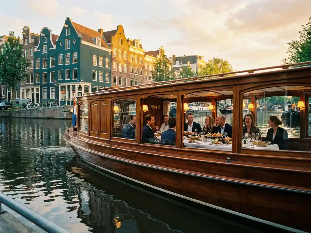 Classic 1910 Dutch salon tjalk with polished iroko hull cruising Amsterdam's canals at golden hour, corporate guests dining inside glazed salon windows.