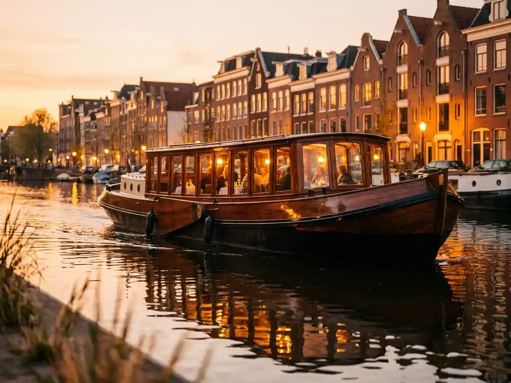 Dutch salon tjalk canal boat with polished iroko hull gliding past Amsterdam's historic gabled facades at golden hour.