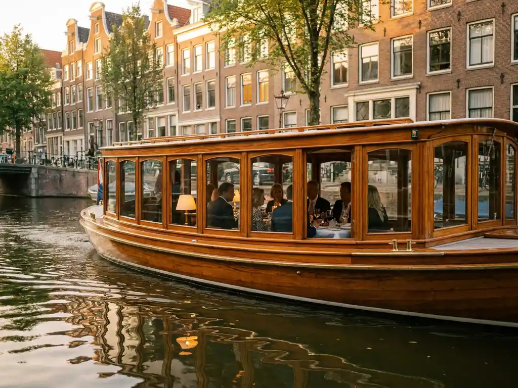 1910 Dutch salon tjalk gliding through Amsterdam canals at golden hour, polished iroko wood gleaming beside historic gabled facades reflected in calm water.