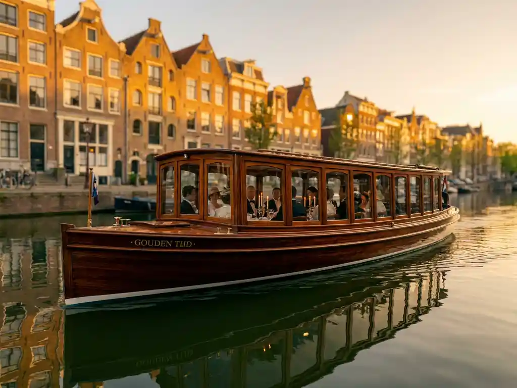 1910 Dutch salon tjalk with polished iroko hull cruising Amsterdam canals at golden hour, guests dining inside glazed windows, gabled facades reflecting in calm water.