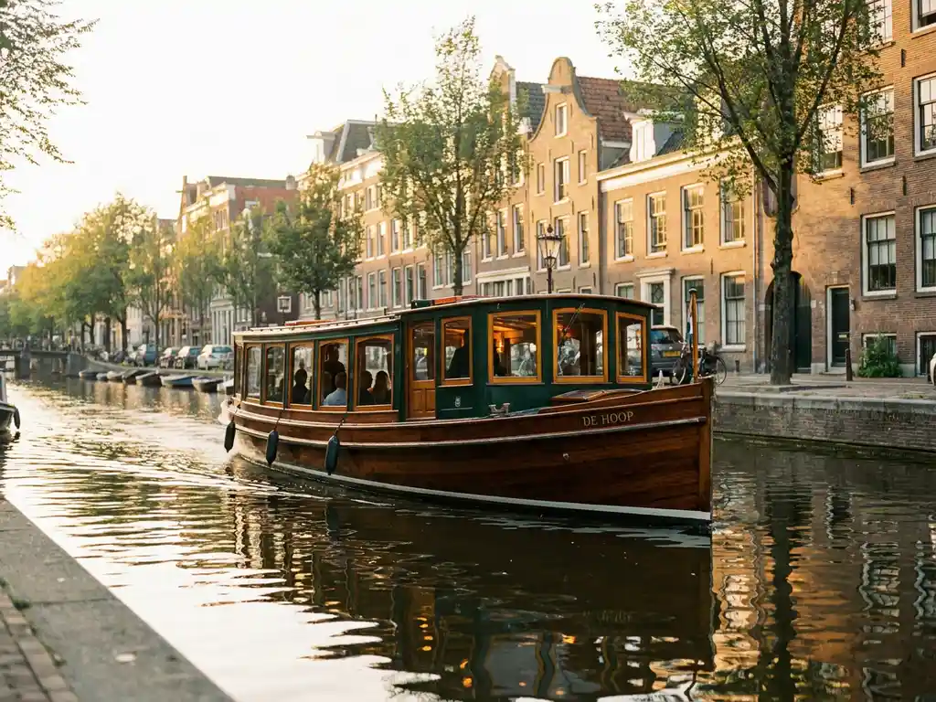 Dutch salon tjalk canal boat with polished iroko hull gliding past golden-brick gabled houses on Amsterdam's waterways at golden hour.