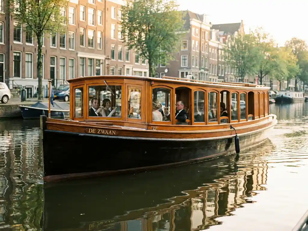 Dutch salon tjalk with polished iroko wood hull gliding through Amsterdam canals at golden hour, historic gabled facades reflected in calm water.