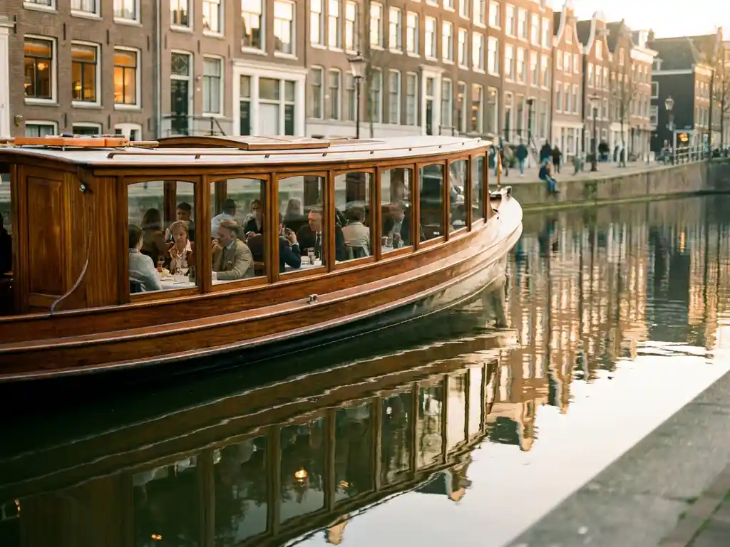 Dutch salon tjalk from 1910 cruising Amsterdam canals at golden hour, polished iroko hull reflecting historic gabled houses in calm water.