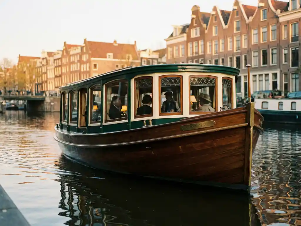 1910 Dutch salon tjalk with polished iroko hull gliding through Amsterdam canals past golden gabled houses at golden hour.