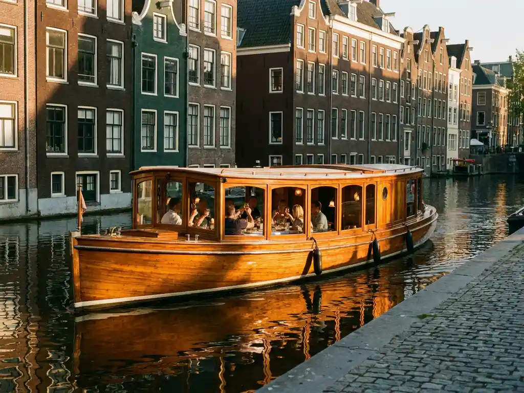 Classic 1910 Dutch salon tjalk with polished iroko hull cruising Amsterdam's historic canals at golden hour, guests dining through glazed salon windows.