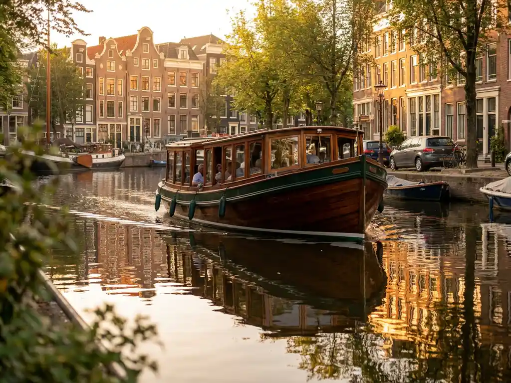 1910 Dutch salon tjalk with polished iroko hull cruising an Amsterdam canal at golden hour, historic gabled houses reflected in still water.