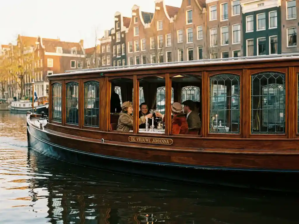 1910 Dutch salon tjalk with polished iroko hull cruising Amsterdam canals at golden hour, guests dining inside glazed salon windows amid historic gabled reflections.