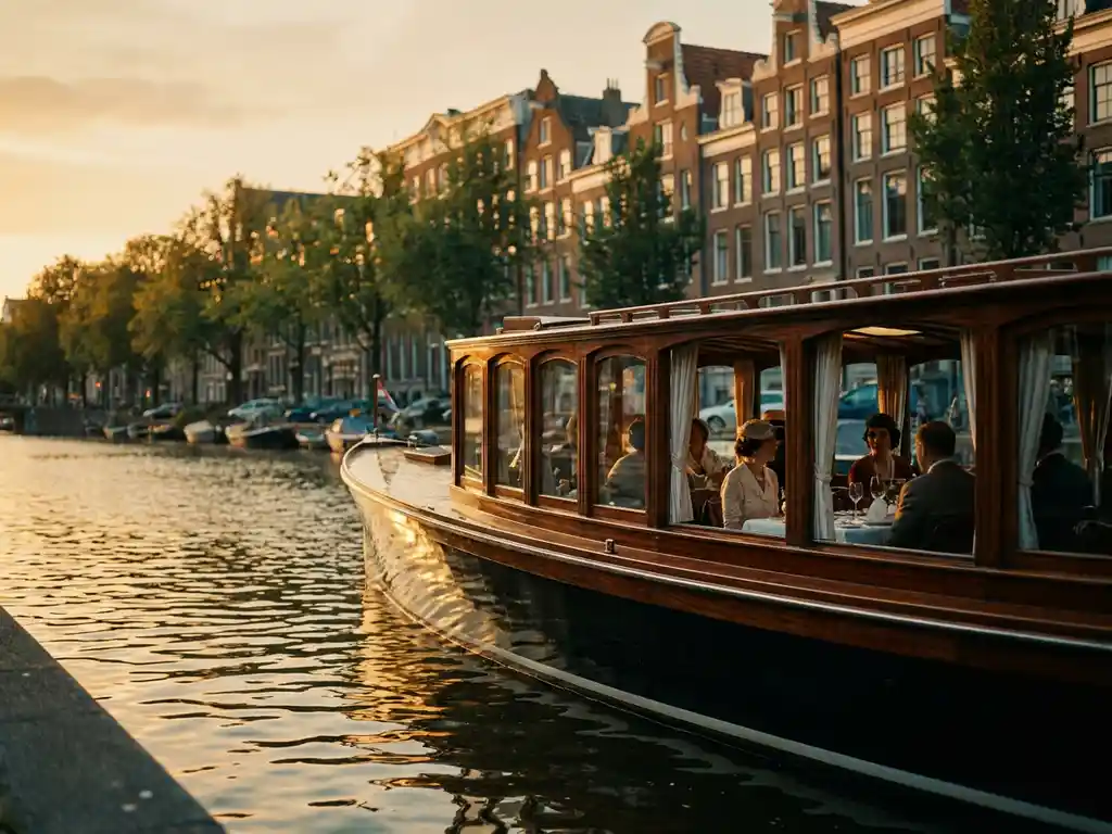 1910 Dutch salon tjalk with polished iroko hull gliding Amsterdam's golden-hour canals, guests dining inside glowing glazed windows, historic gabled facades reflected in still water.