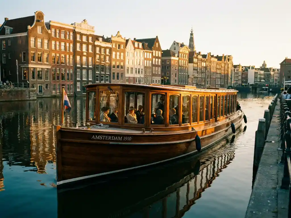 1910 Dutch salon tjalk gliding through Amsterdam canals at golden hour, polished iroko hull reflecting historic gabled facades in calm water.