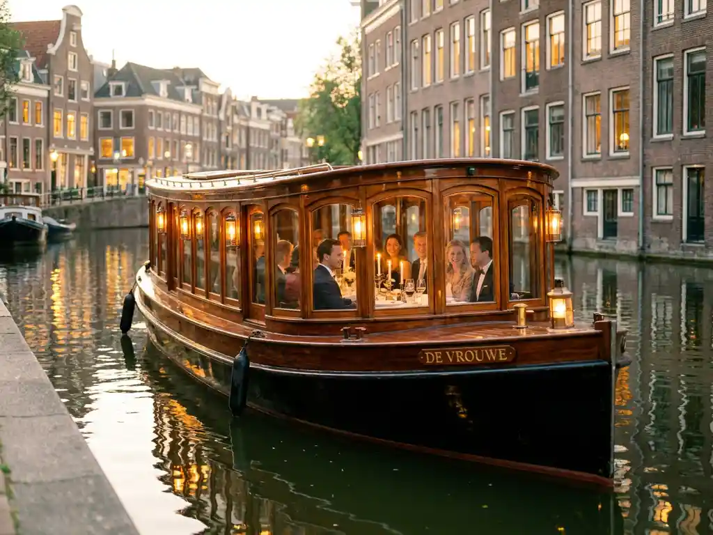 Classic 1910 Dutch salon tjalk with polished iroko hull sailing Amsterdam's candlelit canals at golden hour, guests dining inside glazed salon windows.