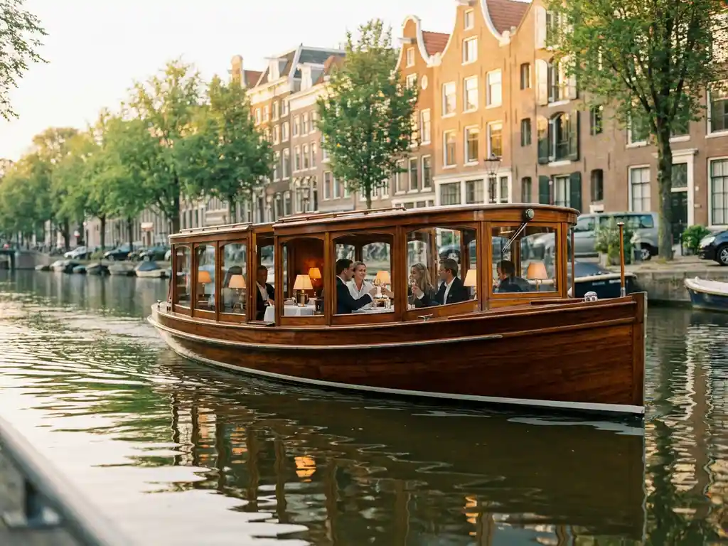 Dutch salon tjalk from 1910 sailing Amsterdam's canals at golden hour, polished iroko hull gleaming beside historic gabled facades.