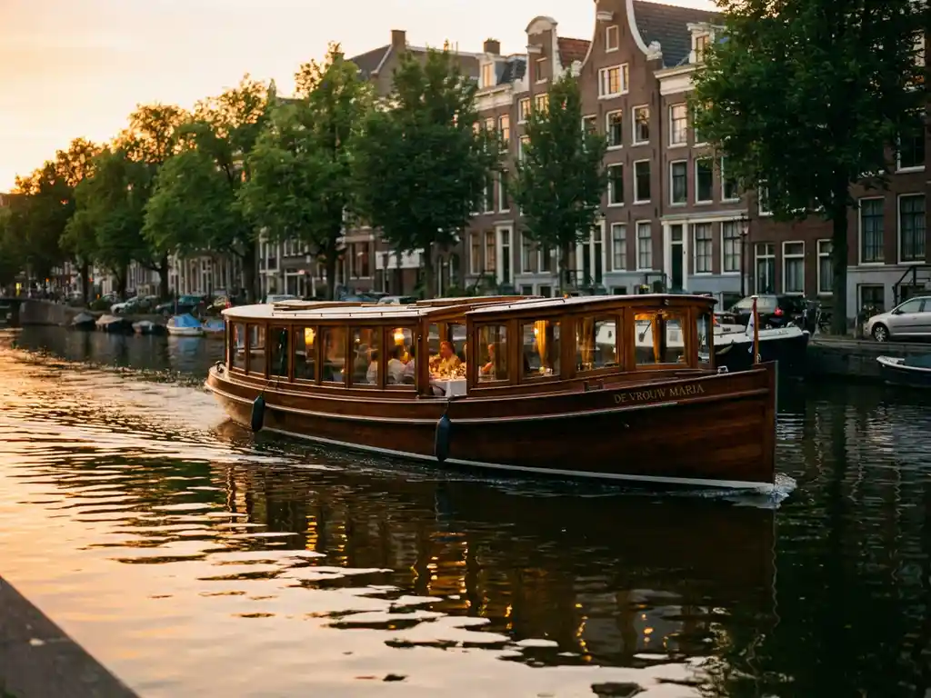 Classic 1910 Dutch salon tjalk with polished iroko hull cruising Amsterdam's golden-hour canals, guests dining inside glazed salon windows.
