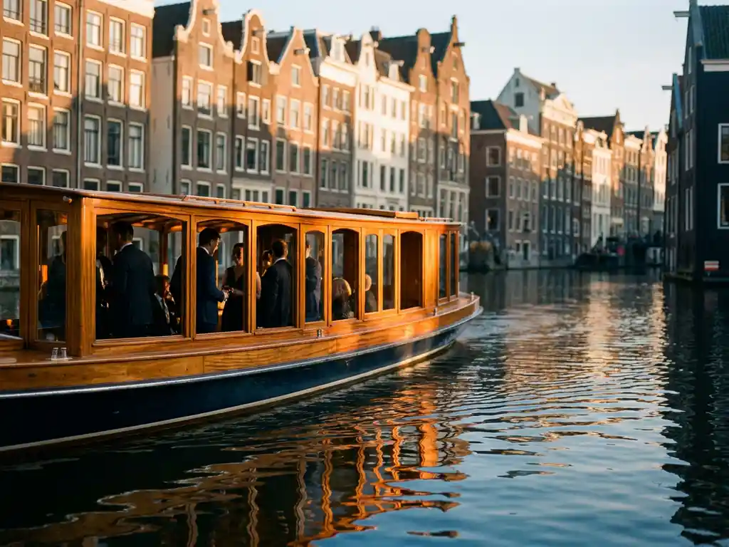 1910 Dutch salon tjalk with polished iroko hull cruising Amsterdam's canals at golden hour, corporate guests visible through glazed windows.