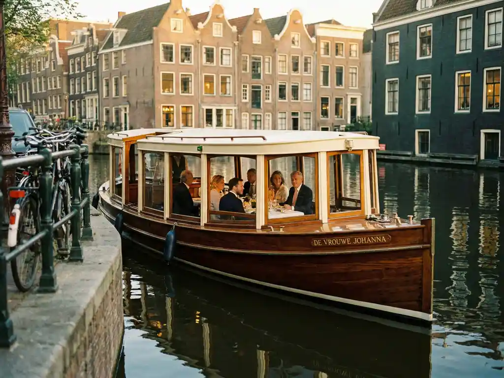 1910 Dutch salon tjalk with polished iroko hull gliding Amsterdam's canals at golden hour, guests dining inside glazed windows, historic gabled facades reflected in still water.