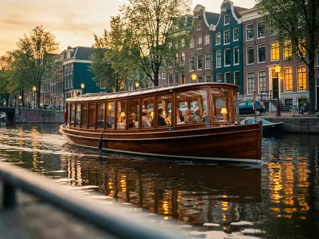 1910 Dutch salon tjalk with polished iroko hull gliding through Amsterdam's canals at golden hour, guests dining inside glazed windows.