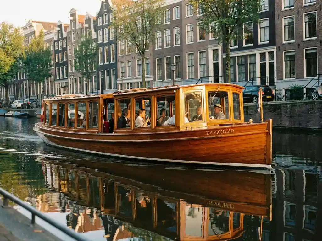 1910 Dutch salon tjalk sailing Amsterdam canal at golden hour, polished iroko hull reflecting historic gabled facades in calm water.