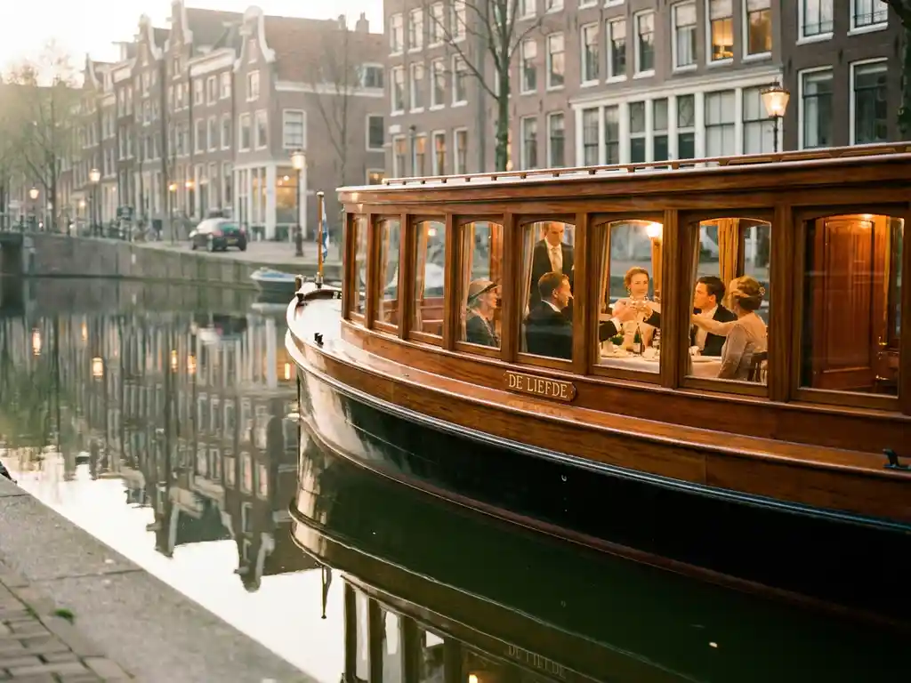 1910 Dutch salon tjalk with polished iroko wood gliding through Amsterdam's golden-hour canals, guests dining inside glazed windows, historic gabled facades reflected below.