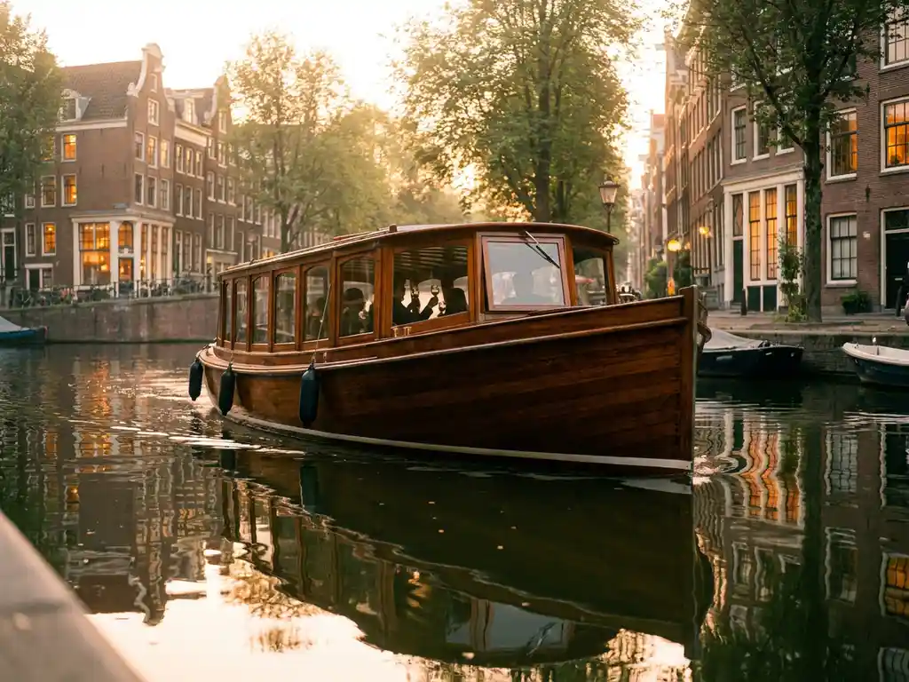 1910 Dutch salon tjalk with polished iroko hull gliding Amsterdam's golden-hour canals, guests visible through glazed windows, historic gabled facades reflected in water.